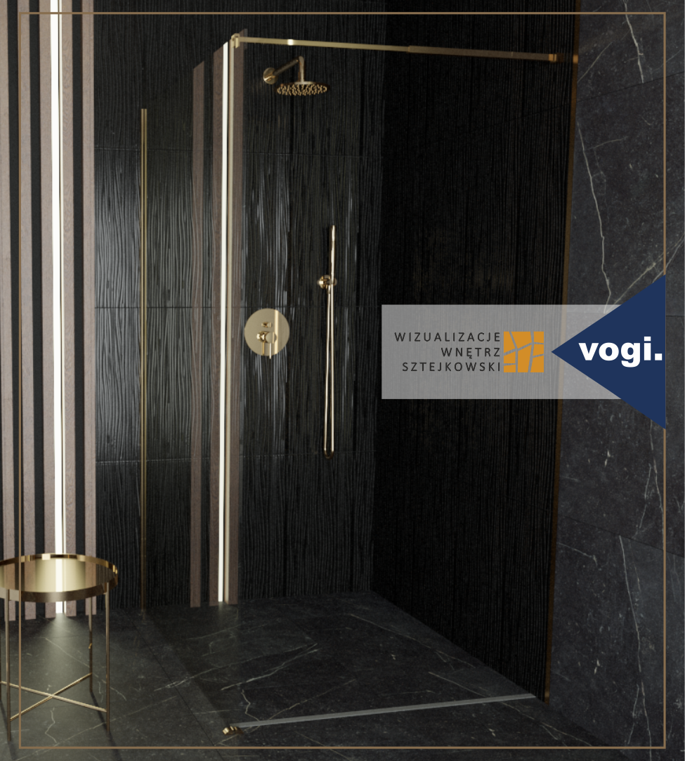  Wizualizacja łazienki Wizualizacje Wnetrz Sztejkowski. W prysznicu walk - in   zestaw prysznicowy podtynkowy w kolorze złotym oraz nasz odpływ liniowy Vogi Ultra Slim. 