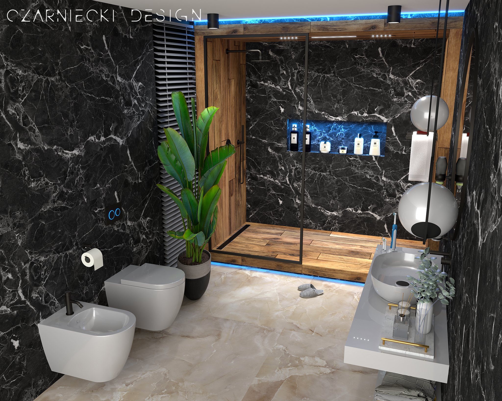 Projekt łazienki wykonany przez Studio Czarniecki Design, w którym zastosowano czarny marmur Nero Marquina, drewnopodobny gres oraz spieki o wyglądzie onyxu na podłodze.