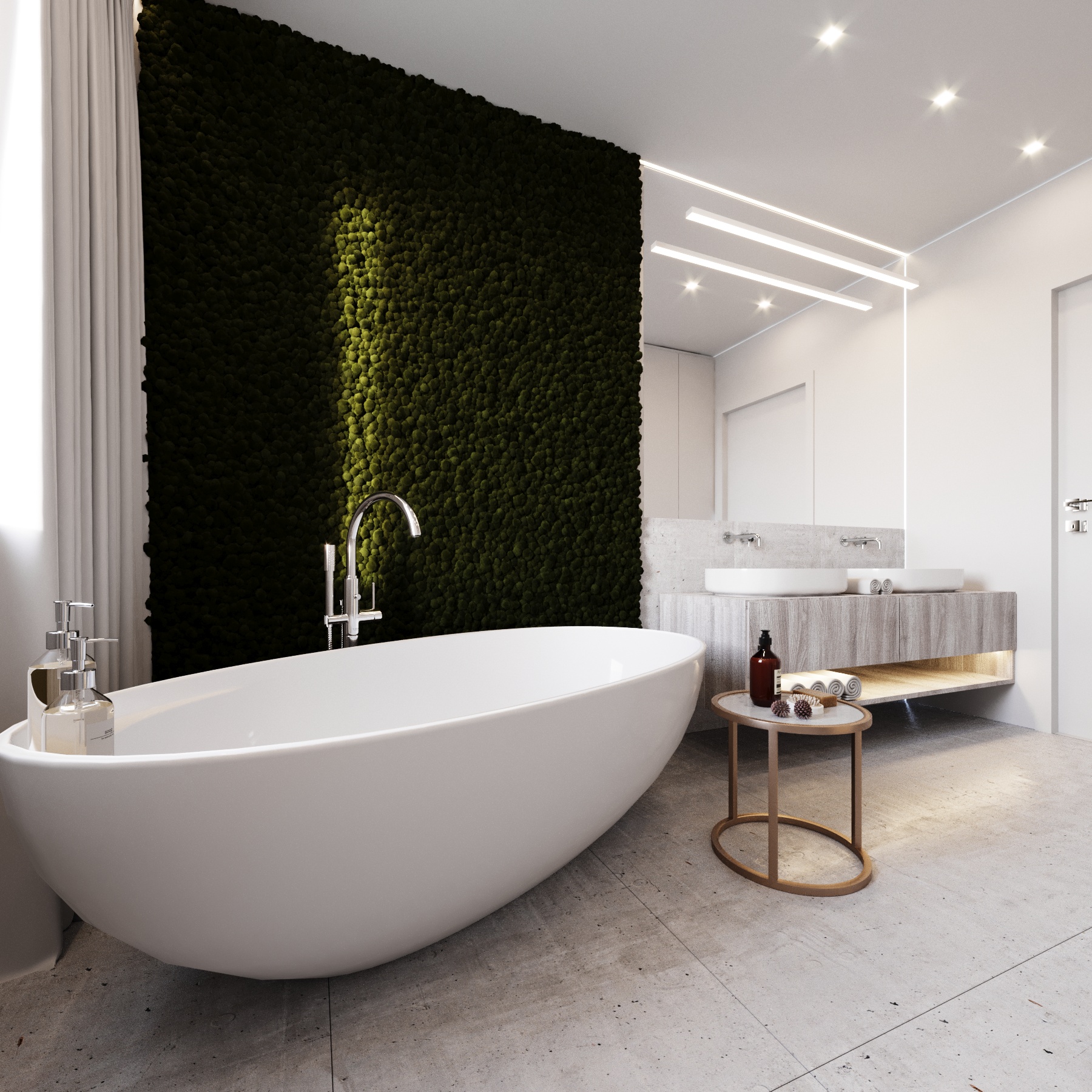 Projekt łazienki wykonany przez Studio Projektowe Paulina Lalak, w którym zastosowano elementy mchu jako naturalną dekorację ściany.