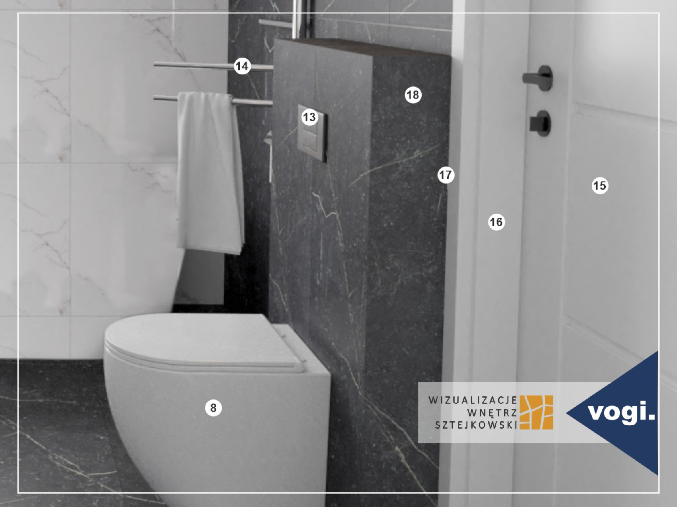 Ujęcie 3 projektu nowoczesnej łazienki z miską wiszącą i ozdobnym grzejnikiem. Projekt łazienki Studio Wizualizacje Wnętrz Sztejkowski.
