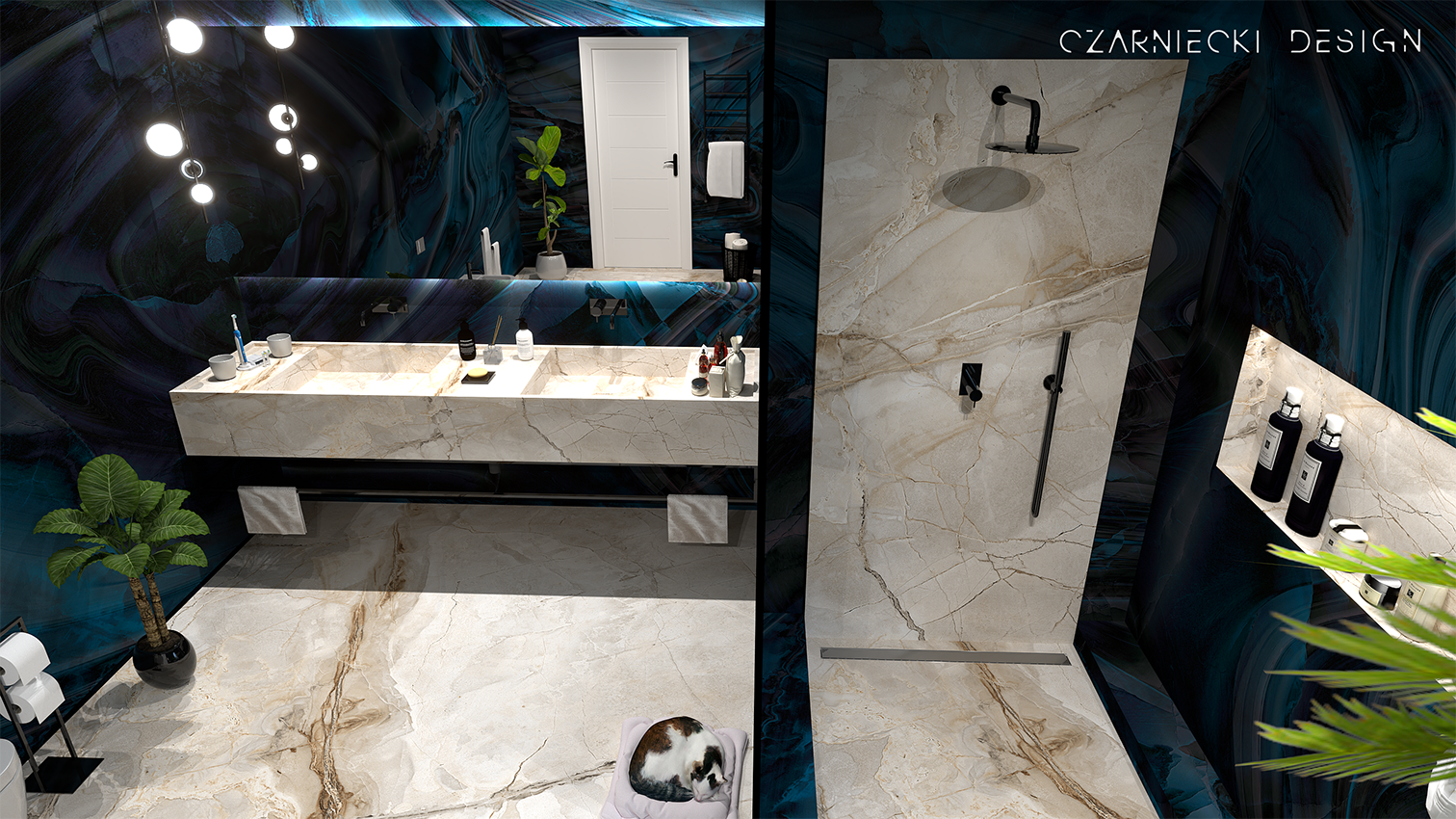 Projekt łazienki wykonany przez Studio Czarniecki Design w którym zastosowano specjalnie barwiony błękitny onyx.