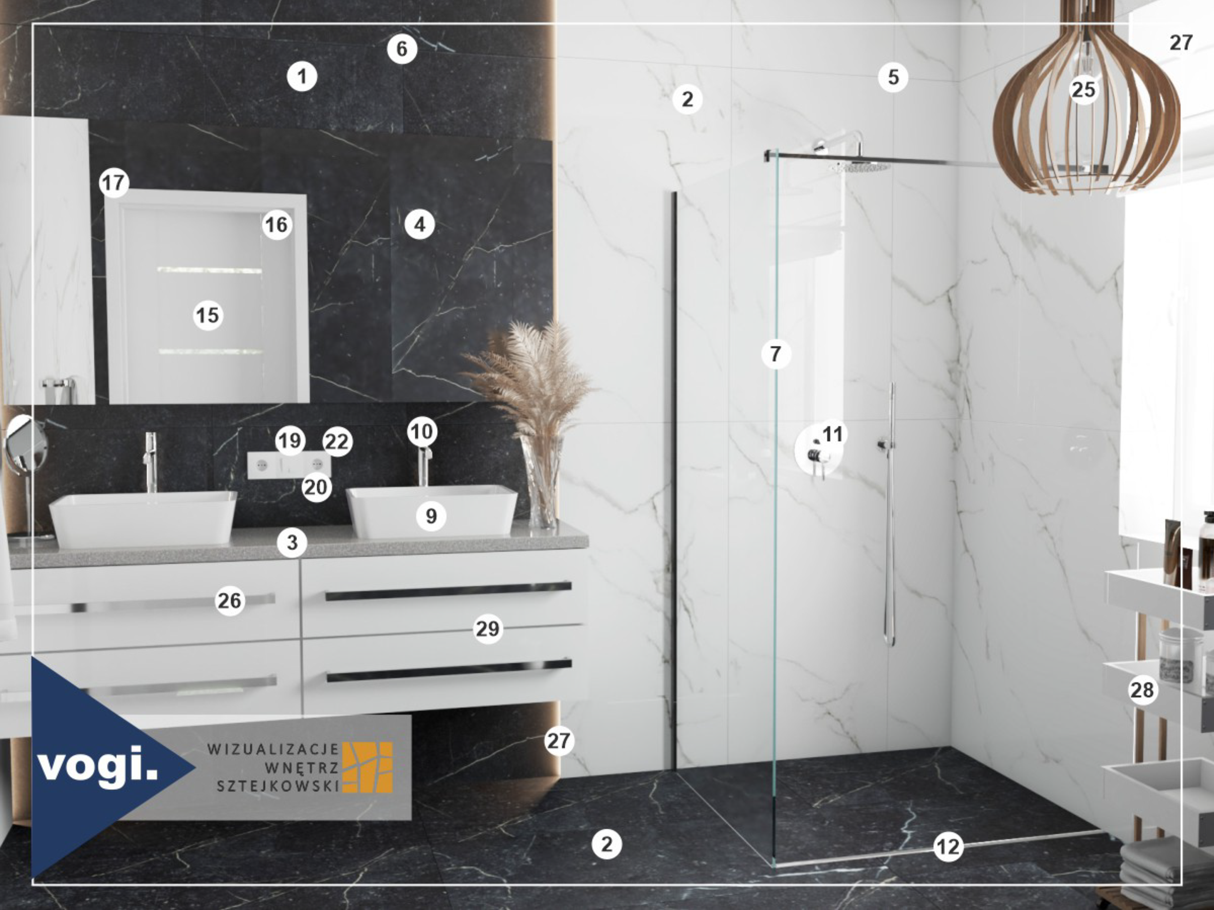  Ujęcie1 projektu nowoczesnej łazienki z dwiema umywalkami oraz prysznicem bez brodzika z odpływem liniowym Vogi Ultra Slim wykonany przez Studio Wizualizacje Wnętrz Sztejkowski.