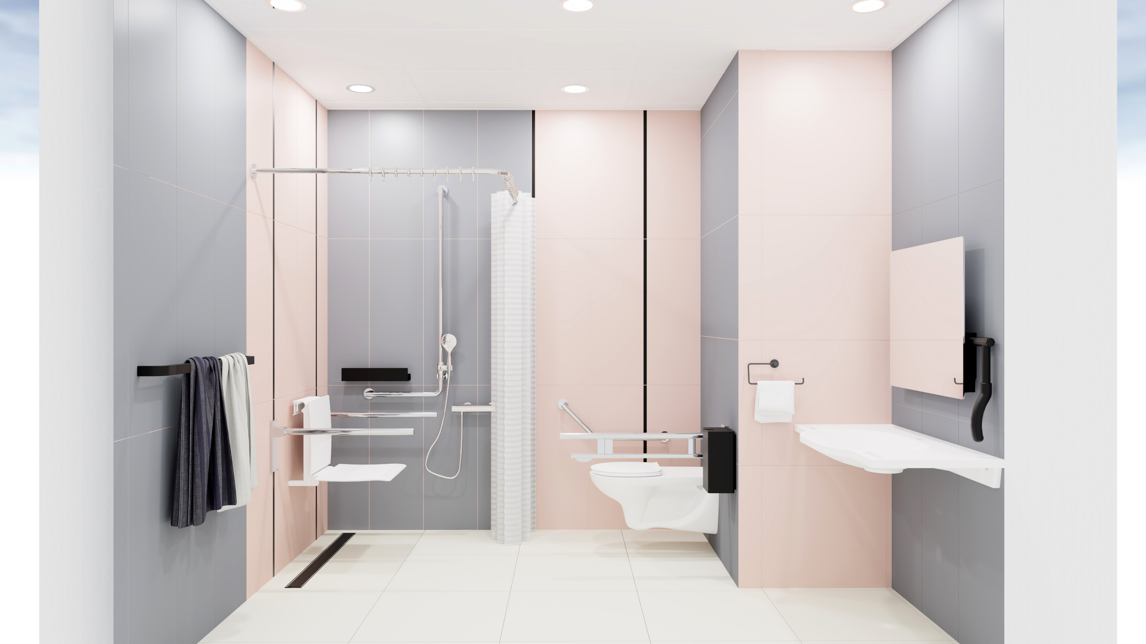 Wizualizacja łazienki dla niepełnosprawnych i starszych z prysznicem z odpływem liniowym Duo Czarnym.
