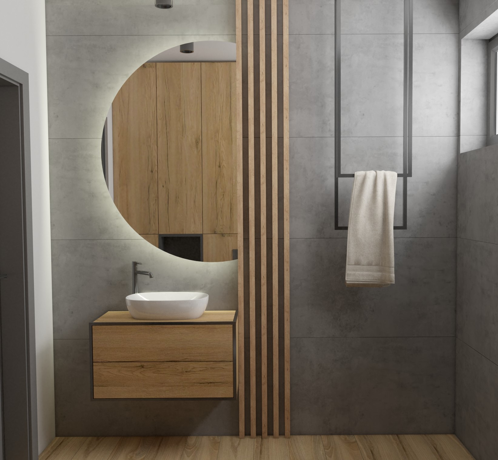 Projekt łazienki wykonany przez Wizualizacje Wnętrz Sztejkowski, gdzie zastosowano drewniane lamele do dekoracji ściany w pomieszczeniu kąpielowym.
