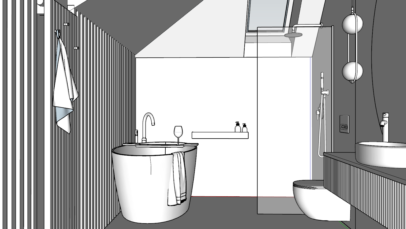 Wizualizacje kroku 2 – rysunki projektu łazienki w 3D bez kolorów. Wykonanie Wizualizacje Wnętrz Sztejkowski w programie SketchUp.