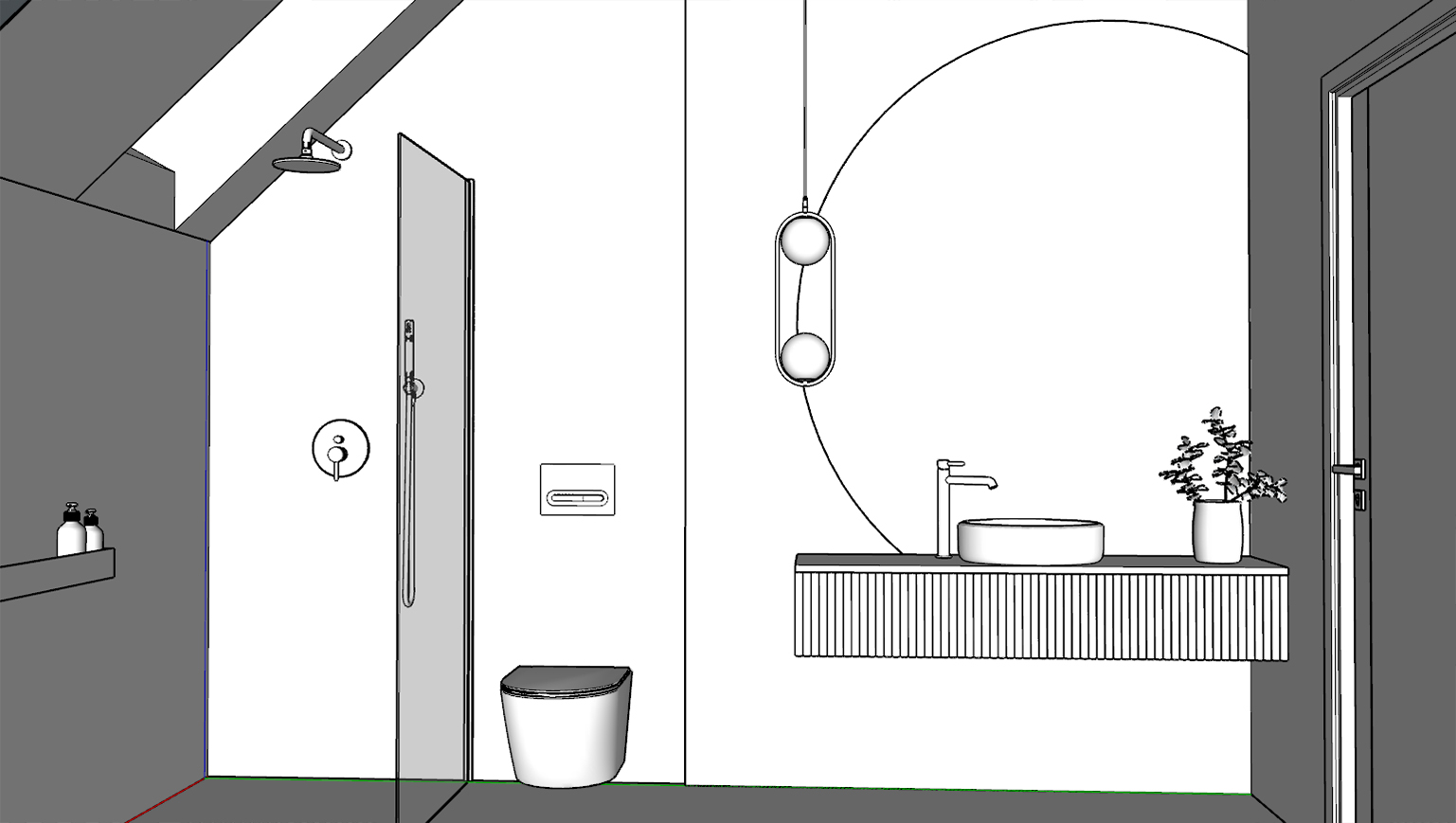 Wizualizacje kroku 2 – rysunki projektu łazienki w 3D bez kolorów.  Wykonanie Wizualizacje Wnętrz Sztejkowski w programie SketchUp.