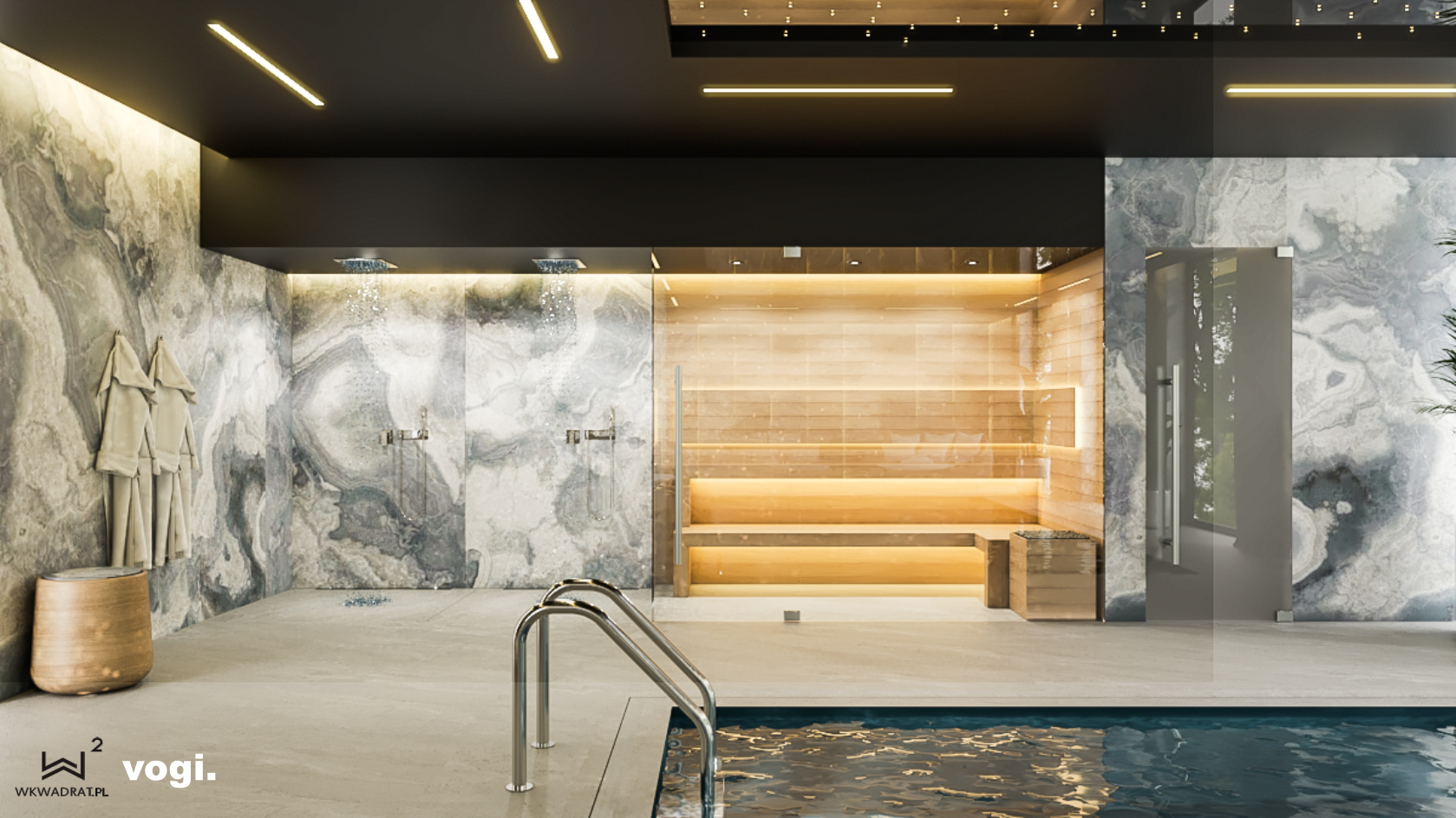 Projekt luksusowej łazienki SPA wykonany przez Pracownię Projektowania Wnętrz Wkwadrat, gdzie możemy zobaczyć prysznic bez brodzika, saunę, basen oraz stręfę relaksu z lerzakami. W prysznicu znajdziecie dwa odpływy przyściene DUO wraz ze stalową listwą spadkową Vogi. 