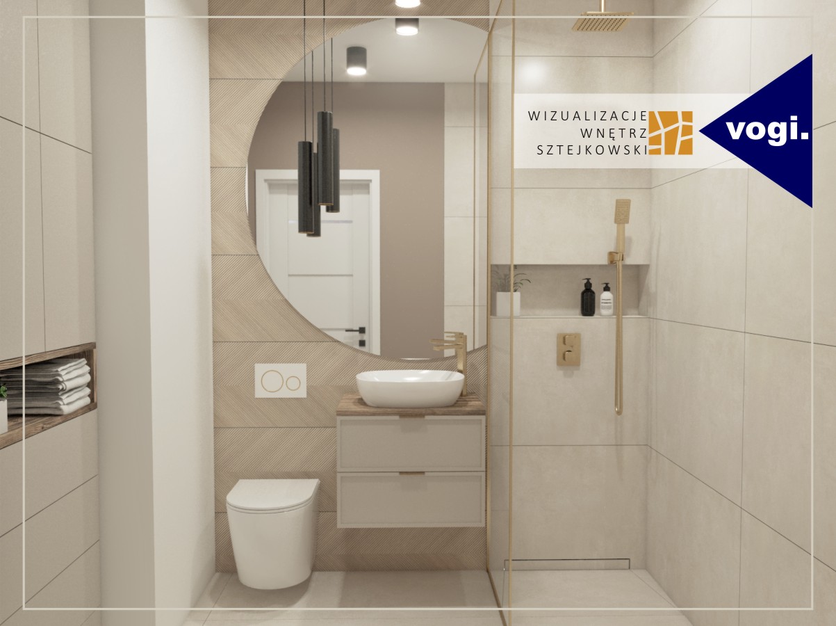 Wizualizacja łazienki wykonana przez Wizualizacje Wnetrz Sztejkowski. W prysznicu odpływ liniowy ścienny pod płytkę Vogi. 