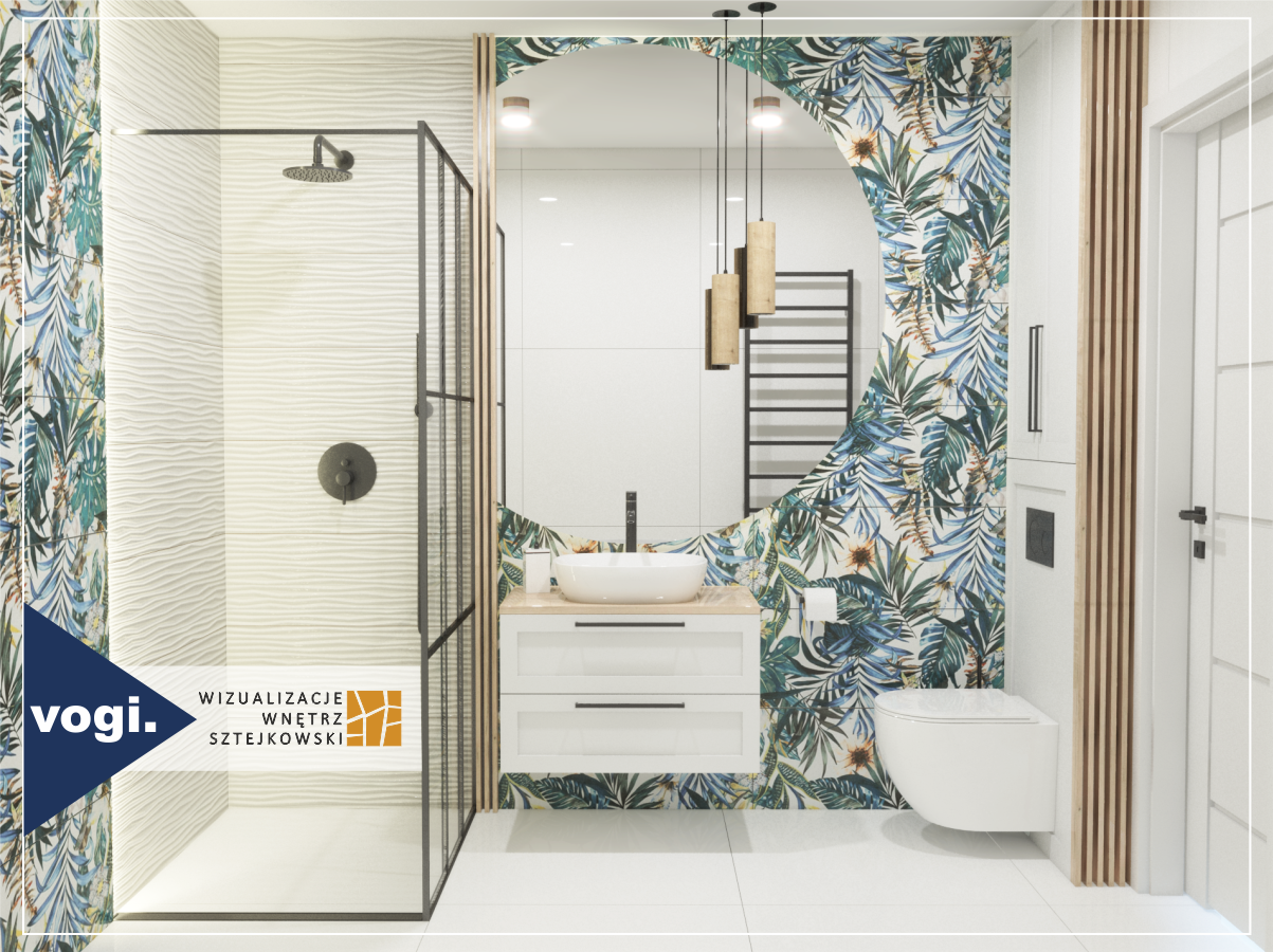Projekt łazienki z prysznicem walk - in wykonany przez   Studio Wizualizacje Wnętrz Sztejkowski W prysznicu bez brodzika znajdziecie odpływ liniowy Vogi DUO Czarny. 