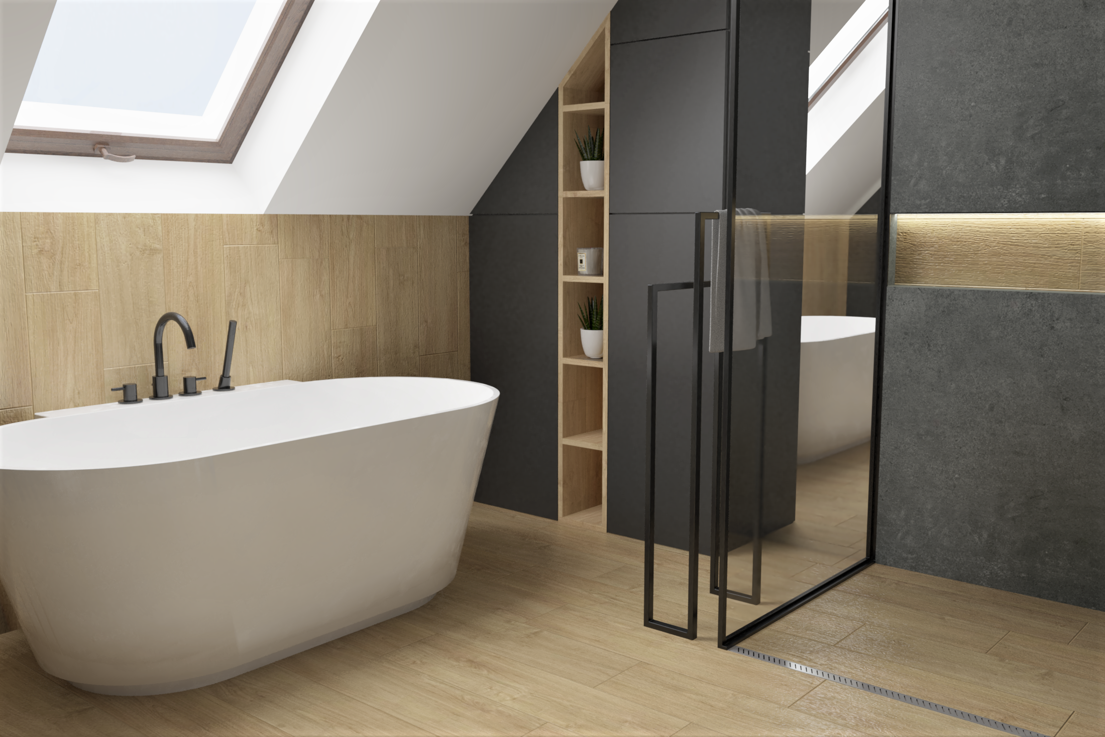 Projekt łazienki z prysznicem bez brodzika wykonany przez Studio Wizualizacje Wnętrz Sztejkowski. W prysznicu bez brodzika znajdziecie odpływ liniowy Rigo, Vogi.