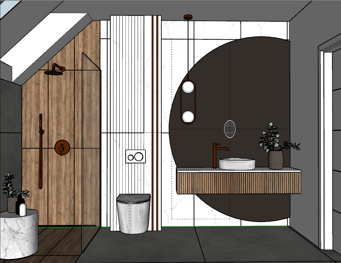 Wizualizacje kroku 3 – rysunki projektu łazienki w 3D z teksturami. Wykonanie Wizualizacje Wnętrz Sztejkowski w programie SketchUp.