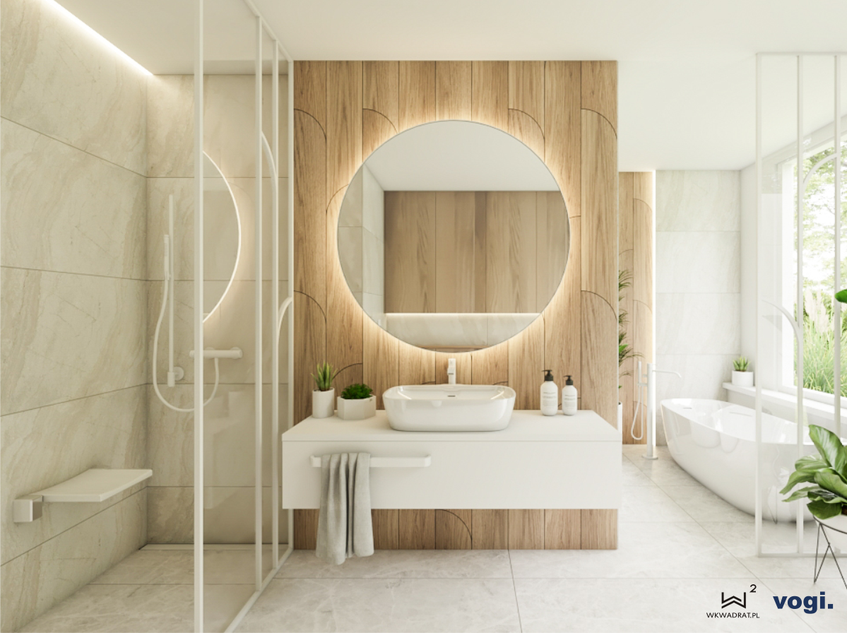 Siedzisko pod prysznic w kolorze mlecznej bieli - idealnie pasuje do armatury i odpływu liniowego przyściennego Vogi w tym samym kolorze, projekt łazienki Wkwadrat - Pracownia Projektowania Wnętrz - Architekt Wnętrz.