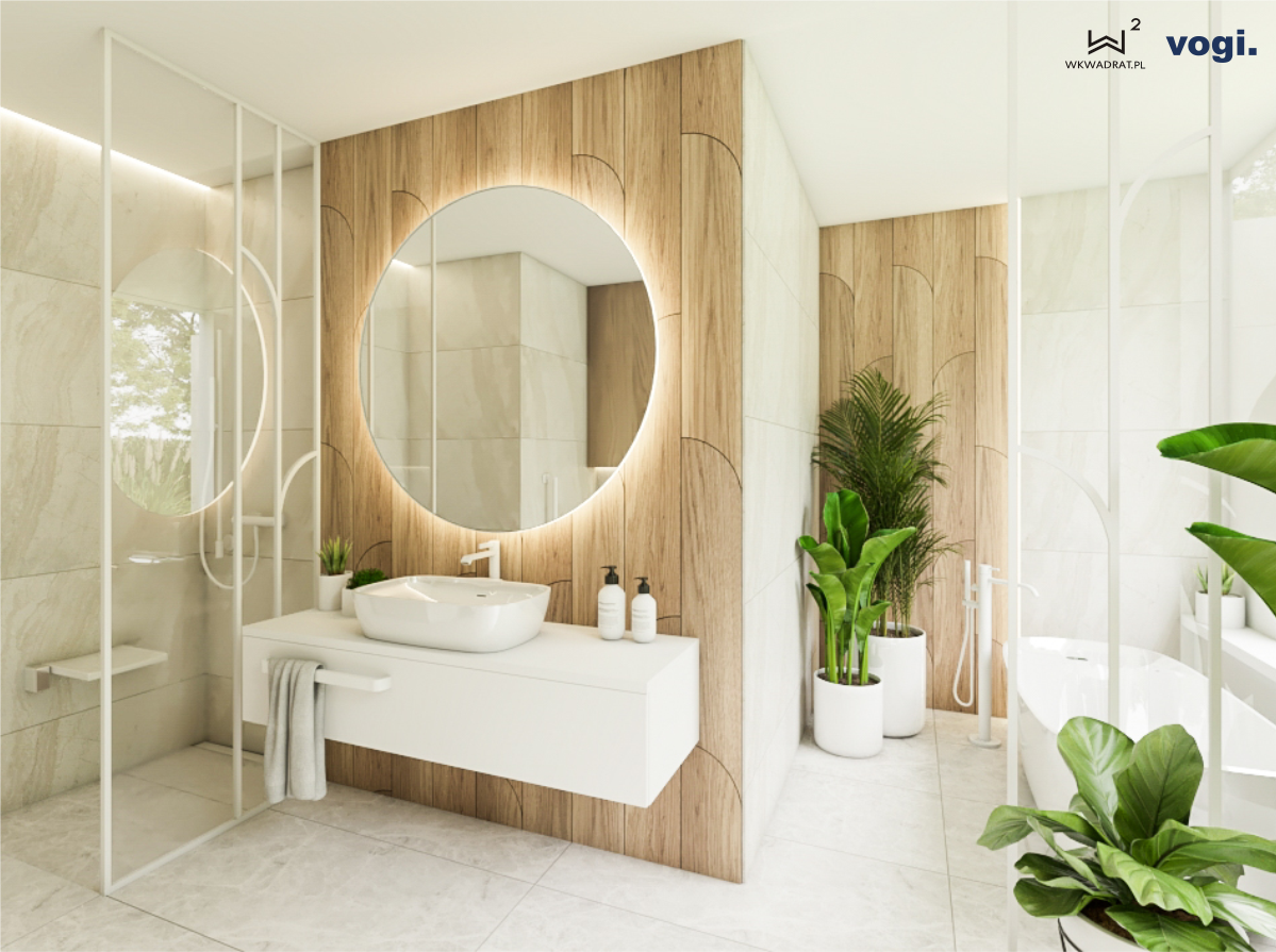 Do łazienki z wygodnym siedziskiem dla osób starszych będą idealnie pasowały duże zielone rośliny, projekt łazienki: Wkwadrat - Pracownia Projektowania Wnętrz - Architekt Wnętrz.