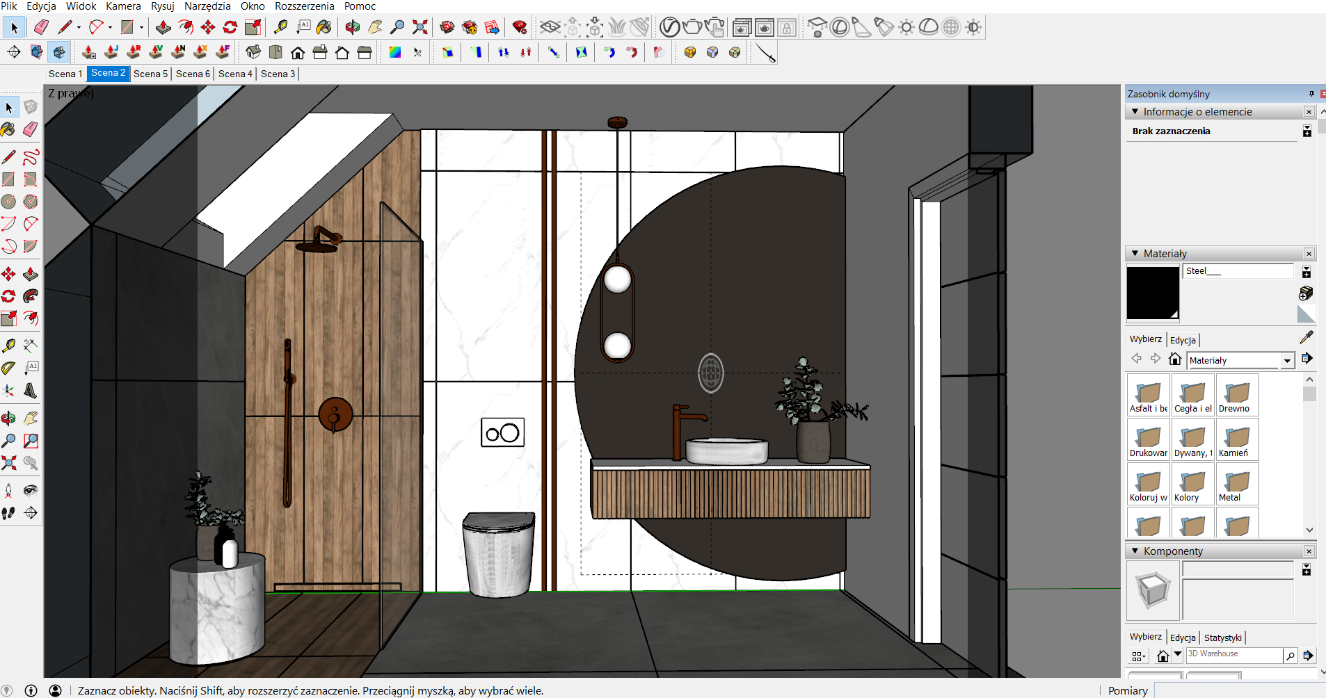 Rzut z ekranu z programu SketchUp – widok menu podczas pracy przy projektowaniu łazienki.