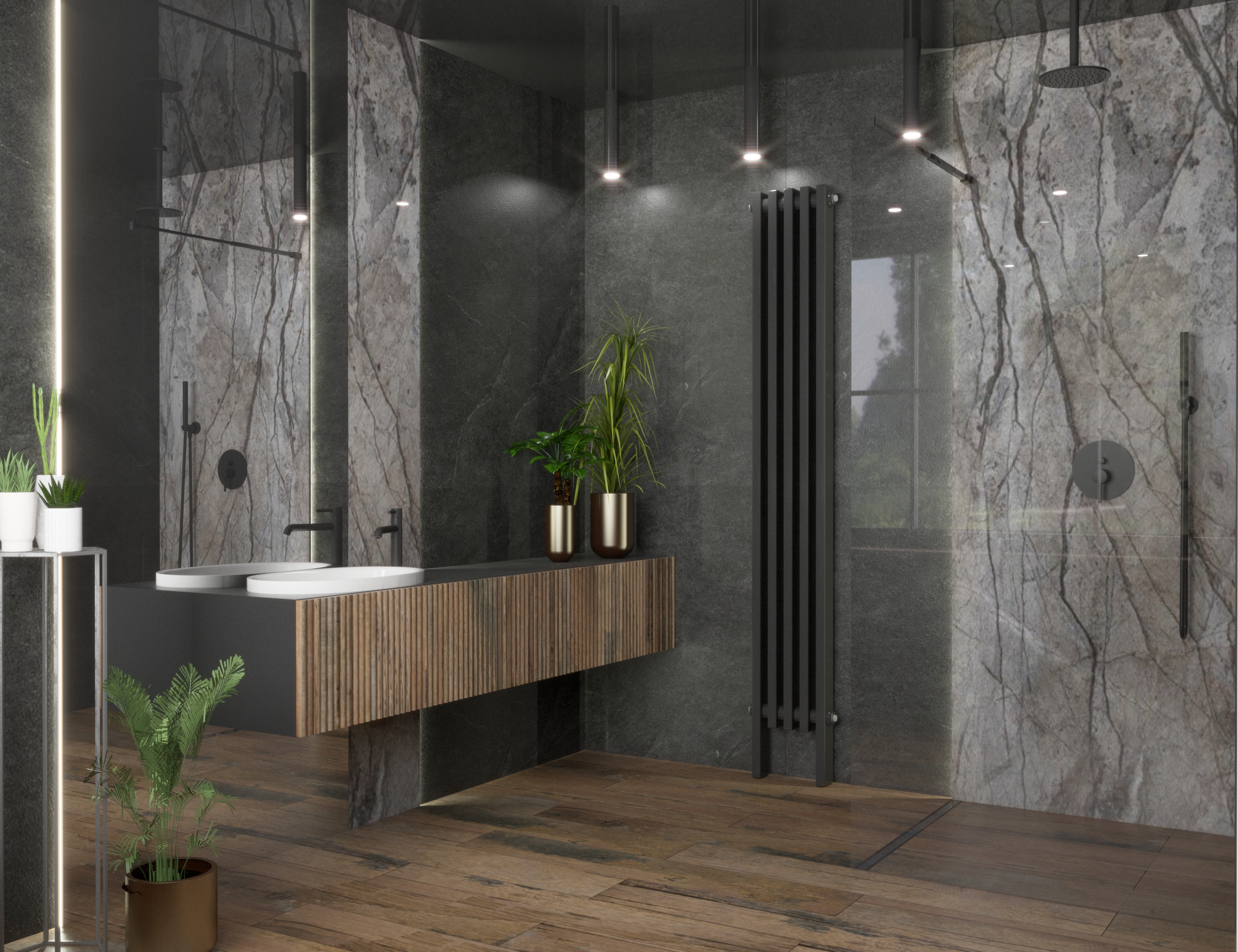 Projekt łazienki, gdzie w prysznicu zamontowano odpływ liniowy Szkło Czarne Vogi. Projekt wykonało Studio Wizualizacje Wnętrz Sztejkowski.