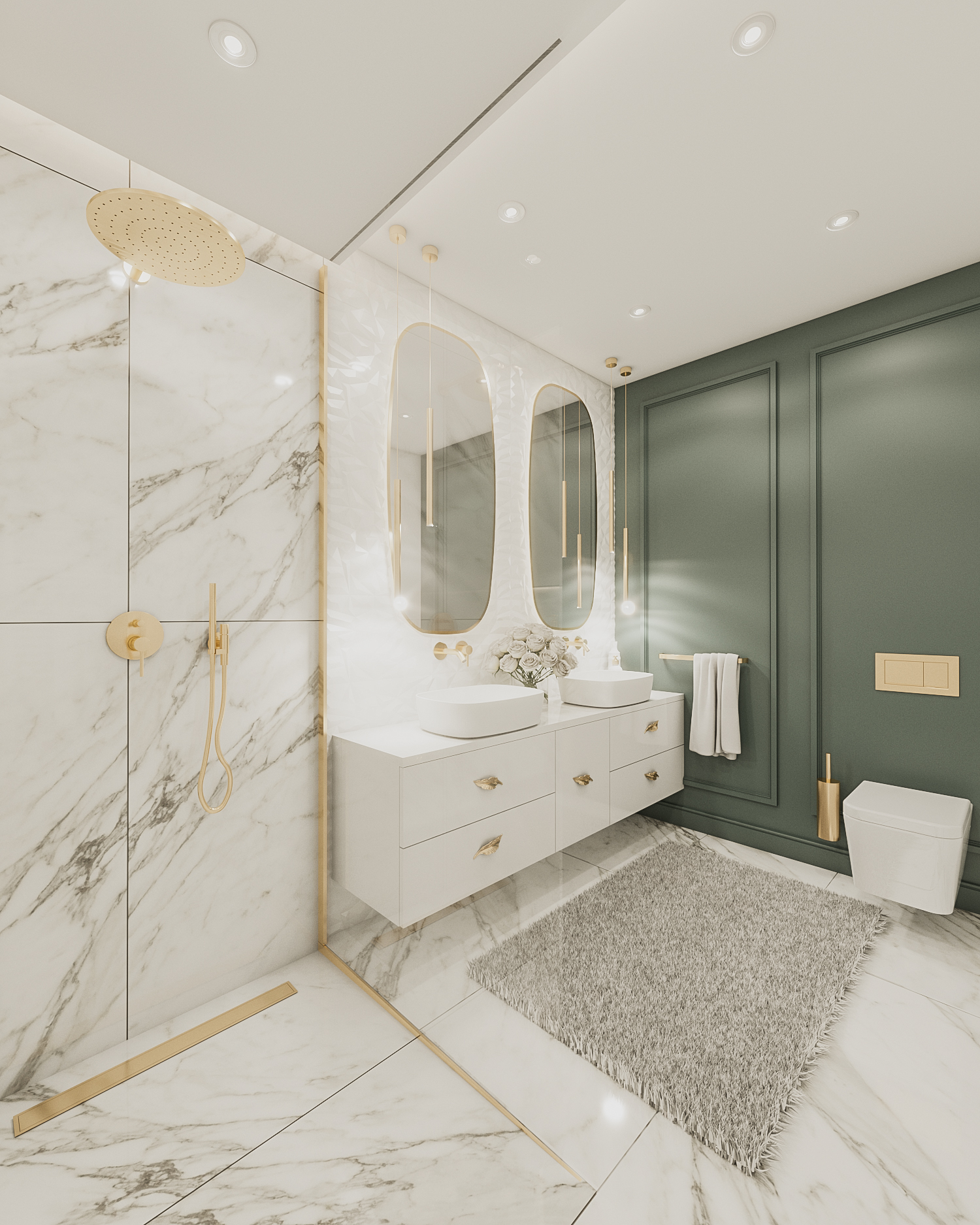 Projekt Łazienki w wykonaniu Pracowni Projektowania Wnętrz Wkwadrat gdzie w prysznicu znajduje się odpływ liniowy Duo złoty, złota listwa spadkowa (prawa) oraz złote lampy i dodatki.
