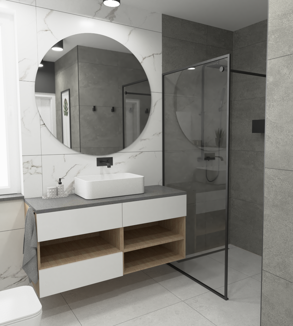 Wizualizacja łazienki wykonana przez Wizualizacje Wnętrz Sztejkowski z prysznicem bez brodzika, odpływ liniowy Duo Black.