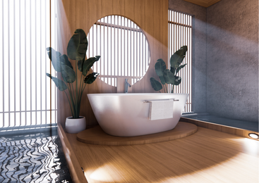 Łazienka w stylu japandi z elementami drewna